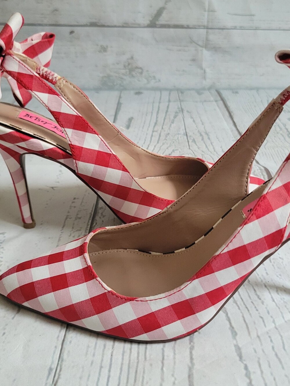 Betsey Johnson Ginjet Red and White Gingham Slingback Heels with Ankle Bows - Picture 7 of 11